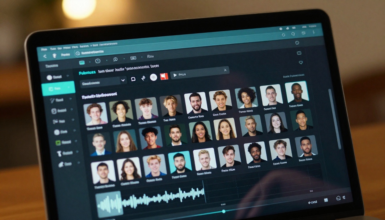 Close-up of a laptop screen showing a multilingual text-to-speech interface with language selection flags and a voice panel with avatar icons