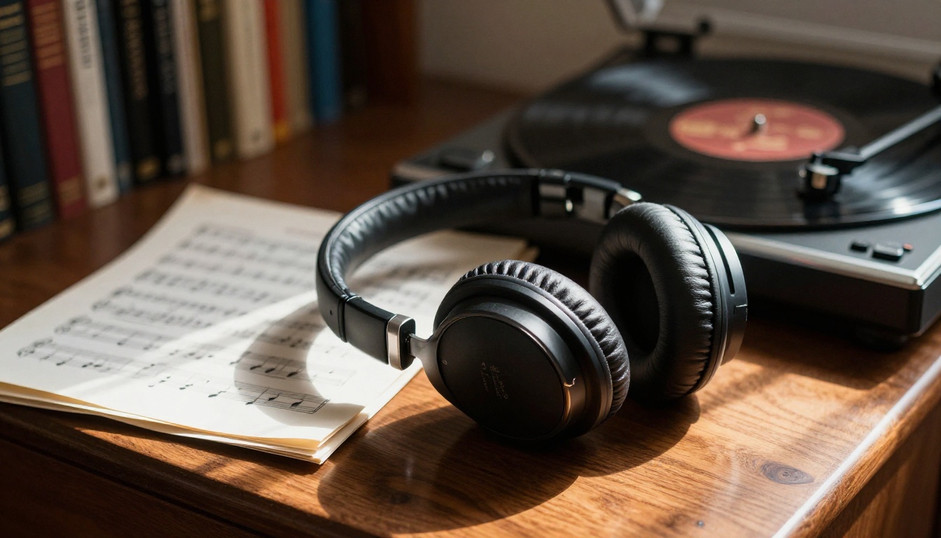 Premium over-ear headphones resting on a vintage vinyl turntable beside printed sheet music