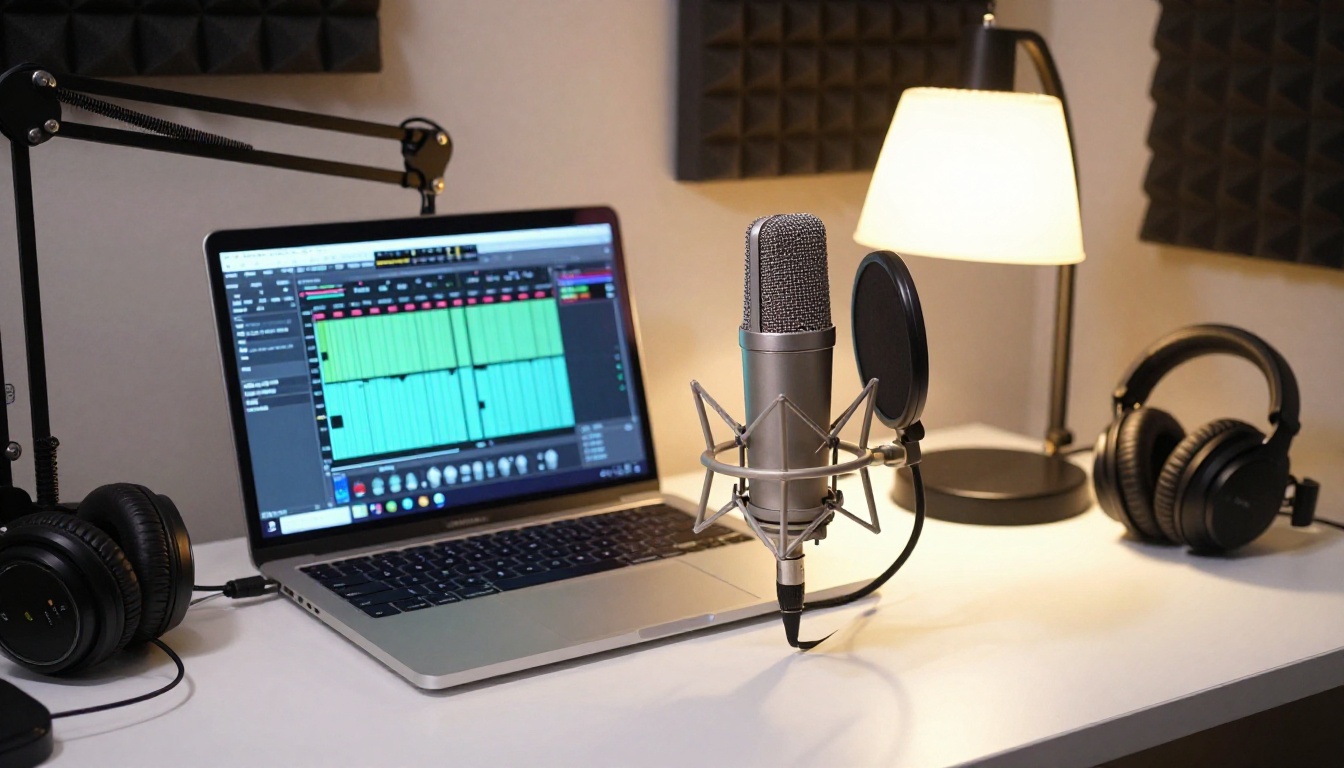 A professional podcast recording setup with large-diaphragm condenser microphone and audio interface