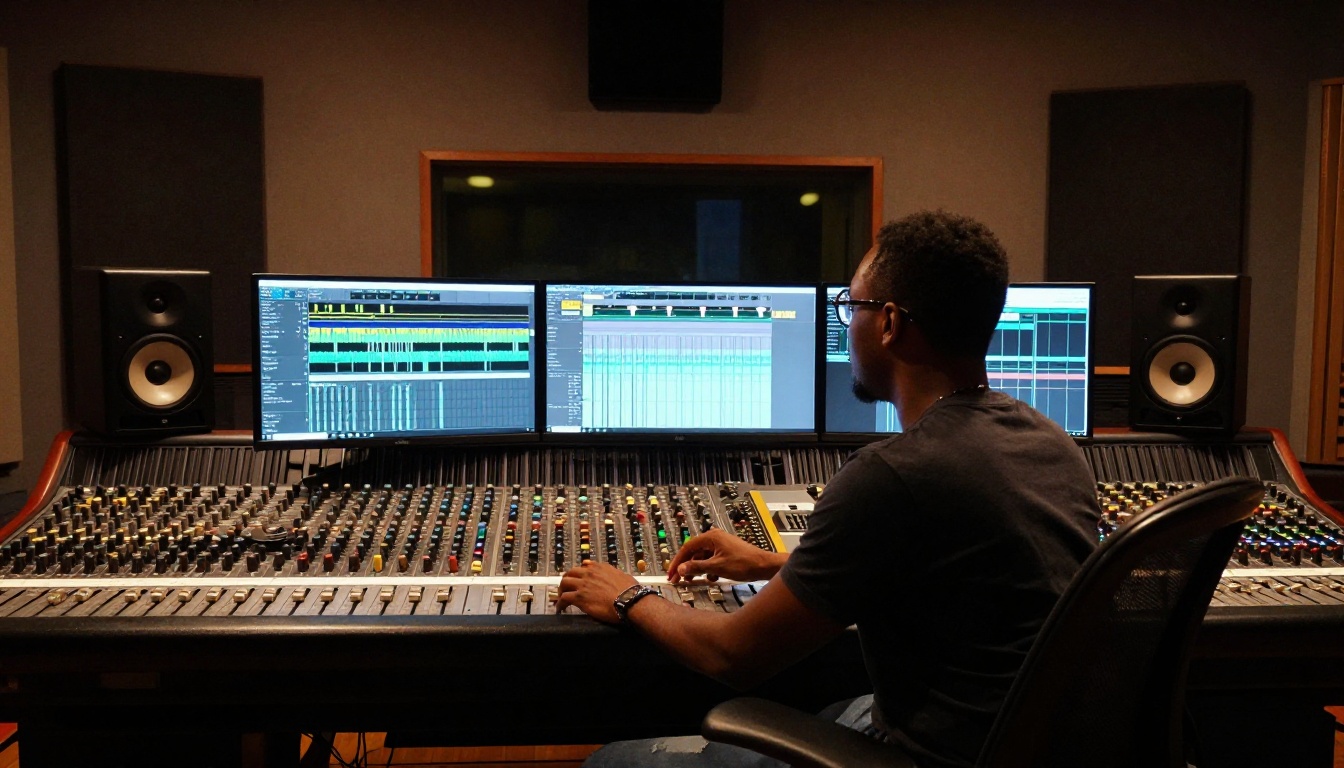 Black male audio engineer at a large professional mixing console with studio monitors and three screens displaying waveform tracks