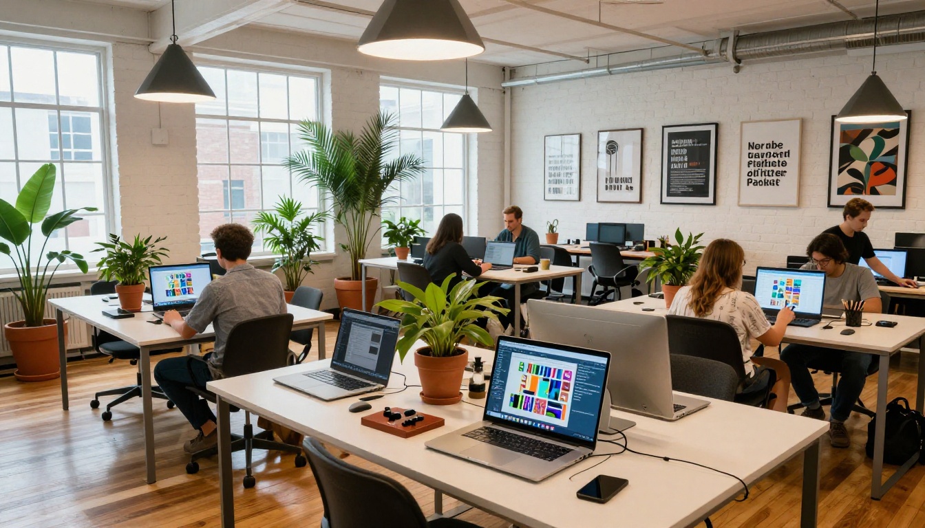 Open co-working space with multiple people creating AI art projects on their laptops in natural daylight