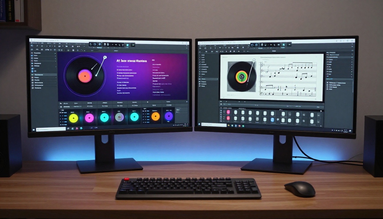 A dual-monitor desktop showing two different AI music software interfaces side by side