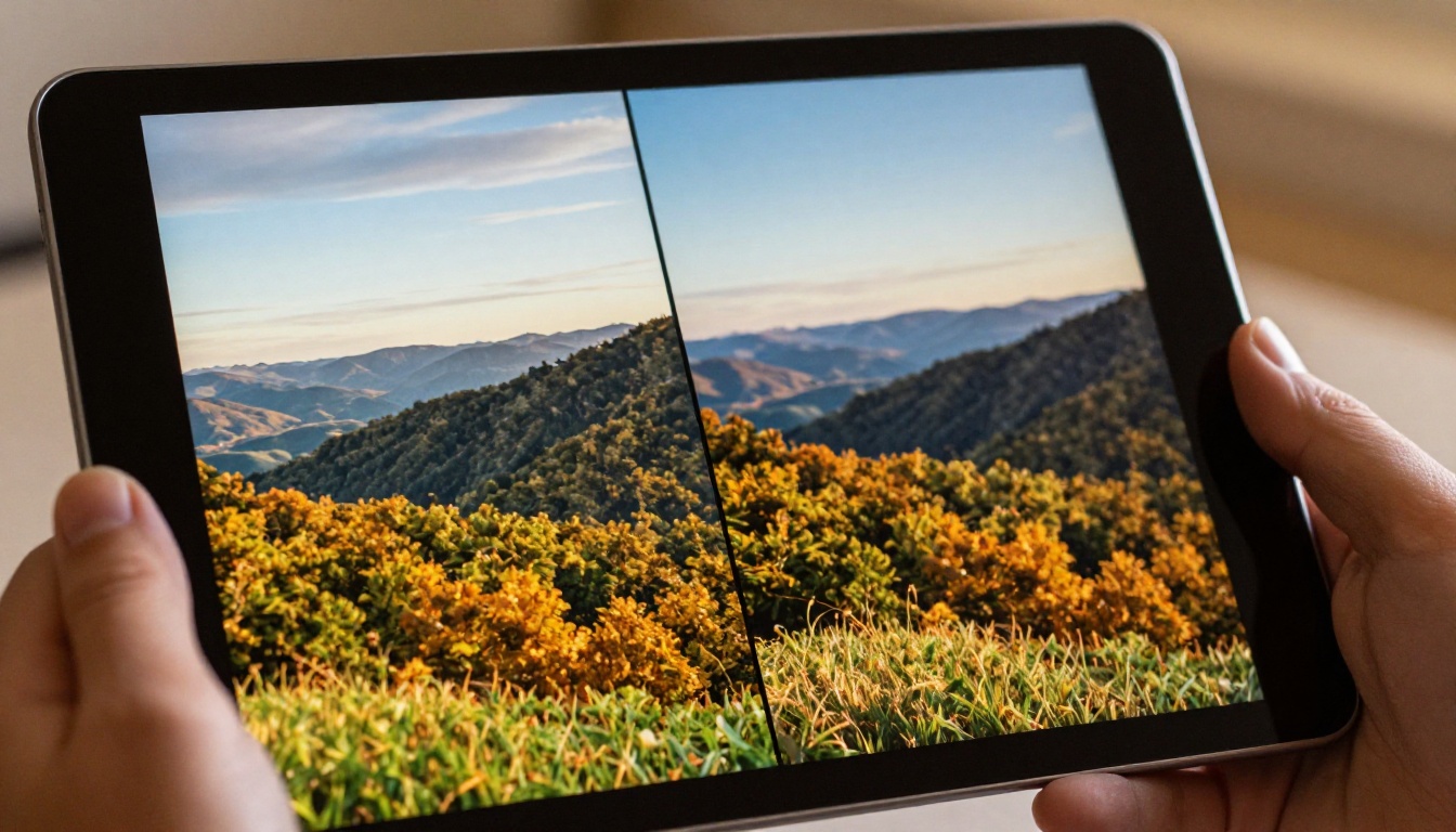 Tablet screen showing a before-and-after comparison of standard and 4K-upscaled AI-generated artwork