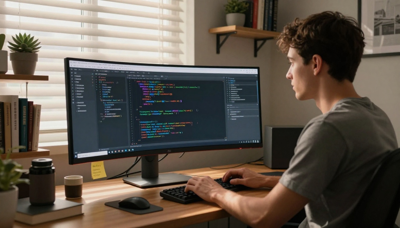 Developer working from home office with AI coding assistant on ultrawide monitor