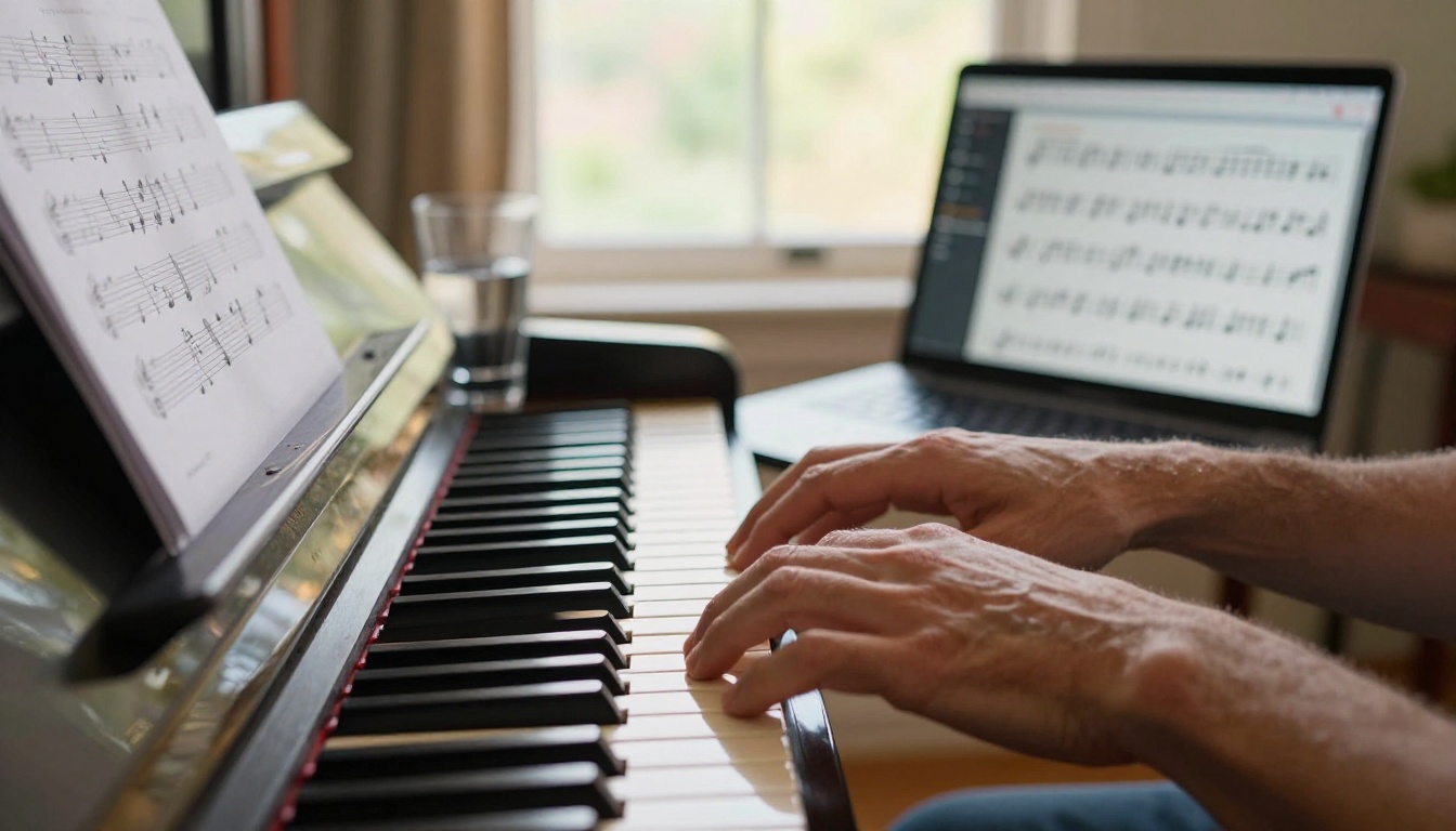 Hands playing piano keys with an AI music generation laptop open on the piano lid
