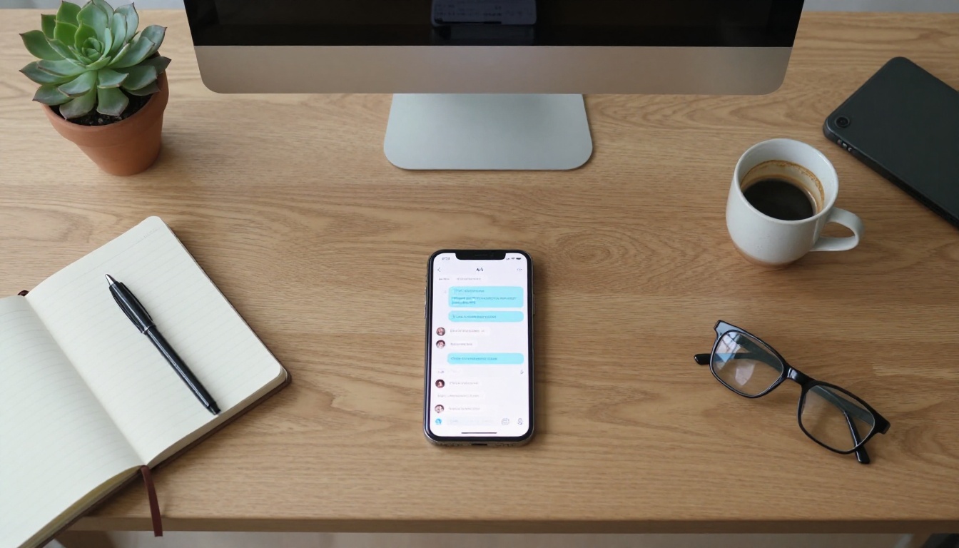 Flat-lay desk with smartphone showing AI chat interface, notebook, espresso cup, and glasses