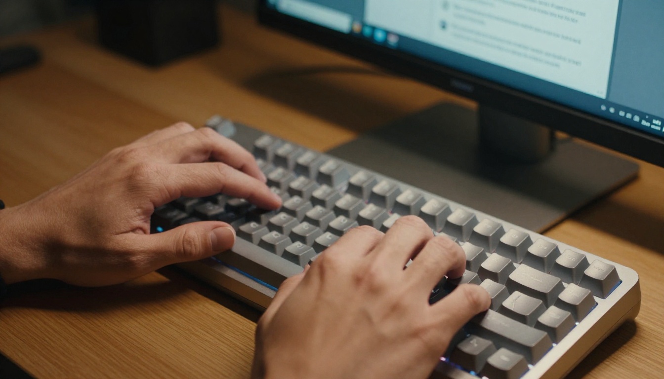Professional hands typing on a mechanical keyboard with an AI chat interface glowing on the monitor behind