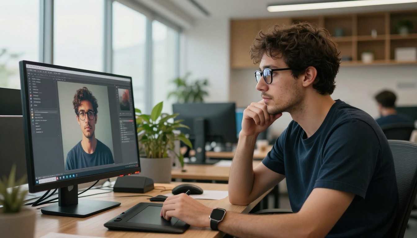 Young professional man sitting in a modern office, intensely studying an AI-generated portrait displayed on a monitor