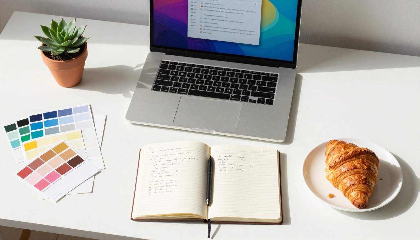Aerial top-down view of a minimalist workspace with a laptop showing a colorful AI image generation interface
