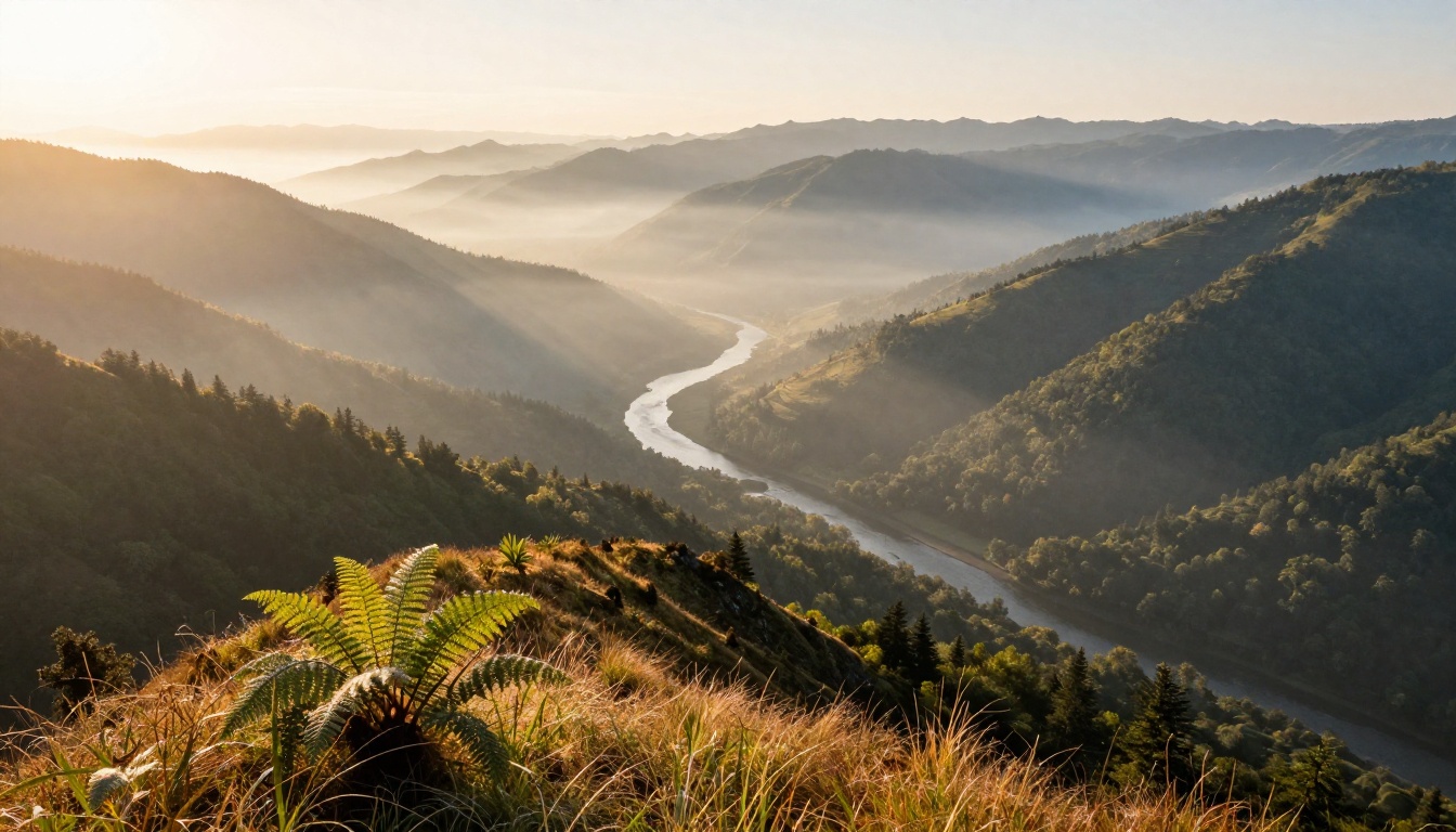 Misty mountain valley at dawn, aerial view, atmospheric haze, silver river, cinematic landscape