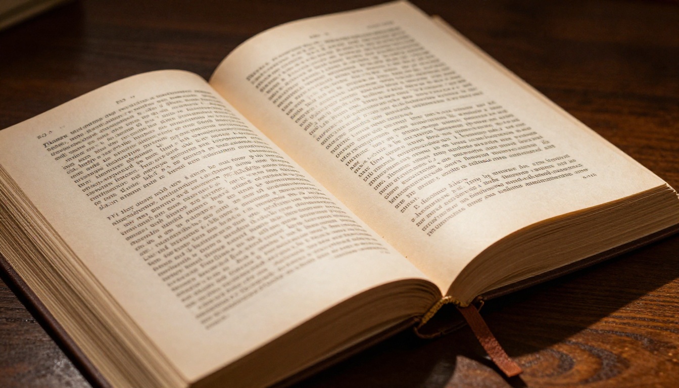 Macro close-up of open vintage book with legible text, warm directional lamp light, oak table