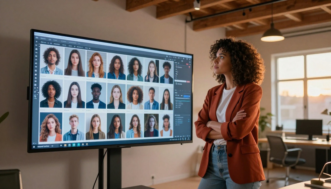 Woman with natural curly hair studying a wall of AI-generated portraits in a warm golden-hour studio
