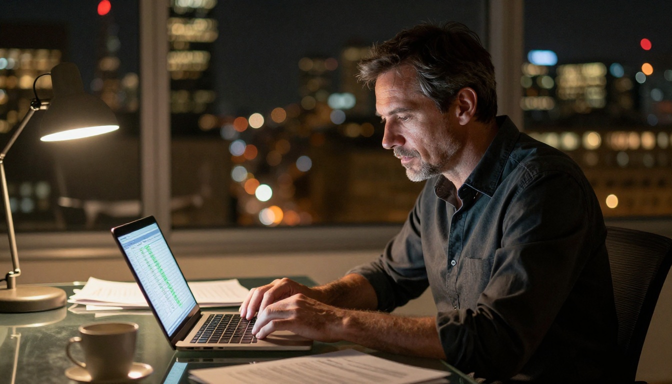 Middle-aged professional reviewing AI comparison data on a laptop in a corner office, city lights glowing soft bokeh through the windows