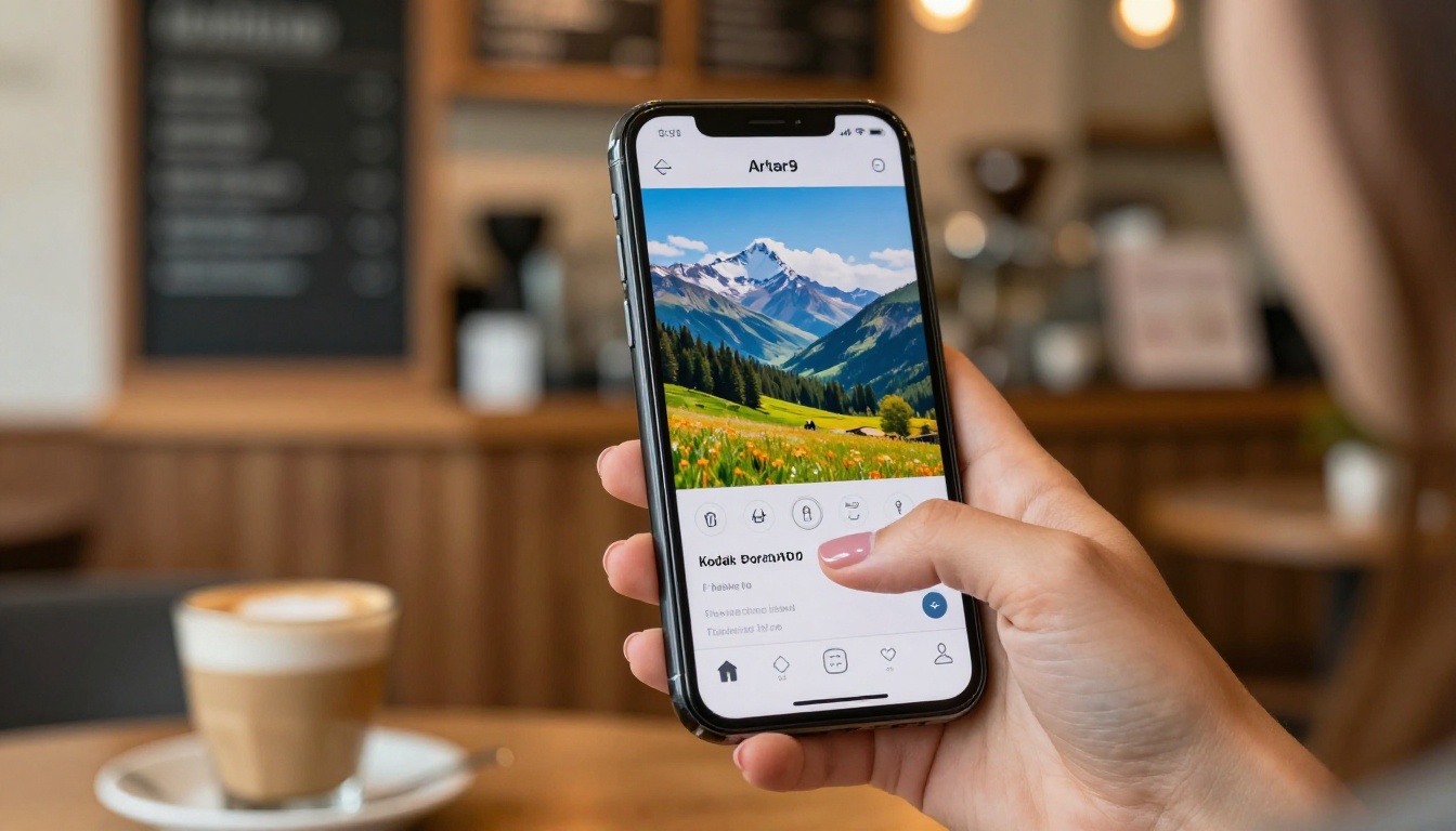 Close-up of a woman's hand holding a smartphone displaying an AI image generation app, warm coffee shop background softly blurred behind
