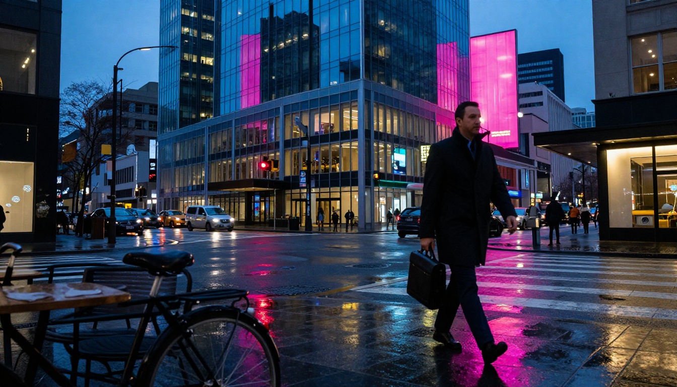 Blue hour street scene, downtown intersection, wet pavement, Leica documentary photography style