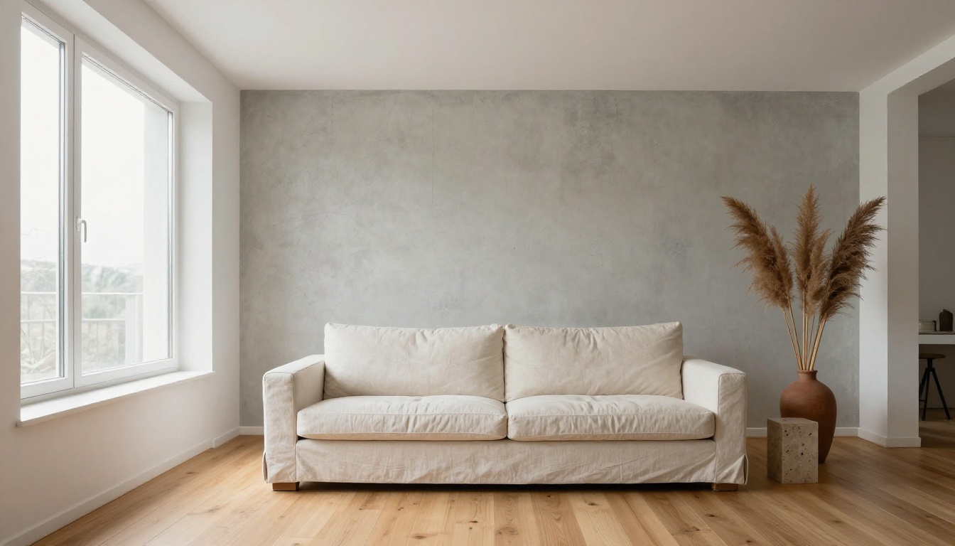 Minimalist Scandinavian living room, full-height window, natural daylight, linen sofa, travertine side table