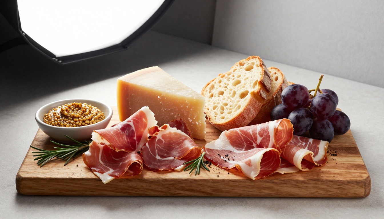 Professional charcuterie food photography overhead flat lay, wooden board, parmesan, prosciutto, natural lighting