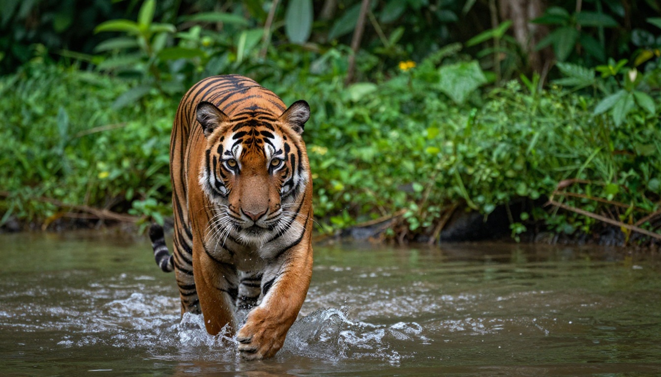 Bengal tiger walking through shallow water in rainforest, low-angle wildlife photography, 600mm telephoto