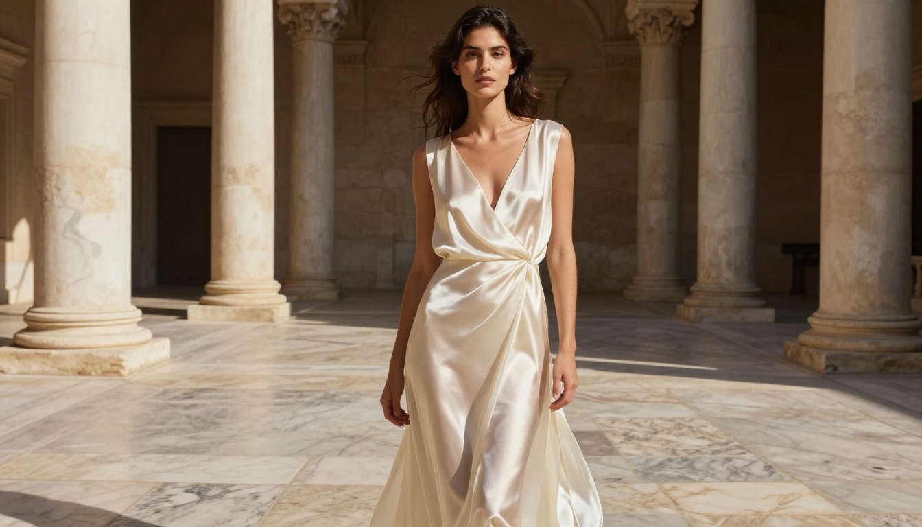Fashion editorial portrait of woman in ivory silk dress, marble courtyard colonnade, golden morning light