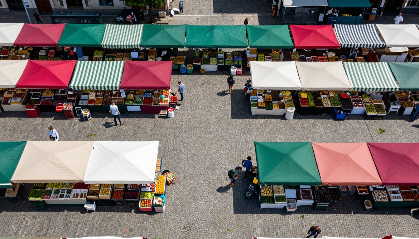 Aerial overhead view of farmers market in cobblestone plaza, colorful vendor awnings, geometric patterns