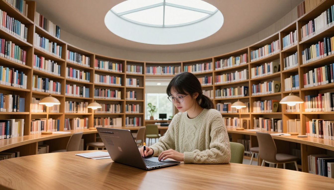 Young woman in a two-story library seated at a curved reading desk, laptop open with an AI writing interface, soft natural light from a circular skylight above