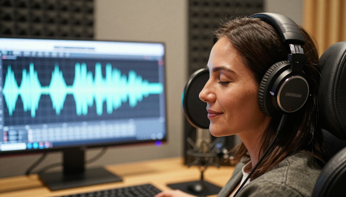 Professional woman in a modern recording studio wearing over-ear headphones, eyes closed, audio waveform interface visible on the monitor