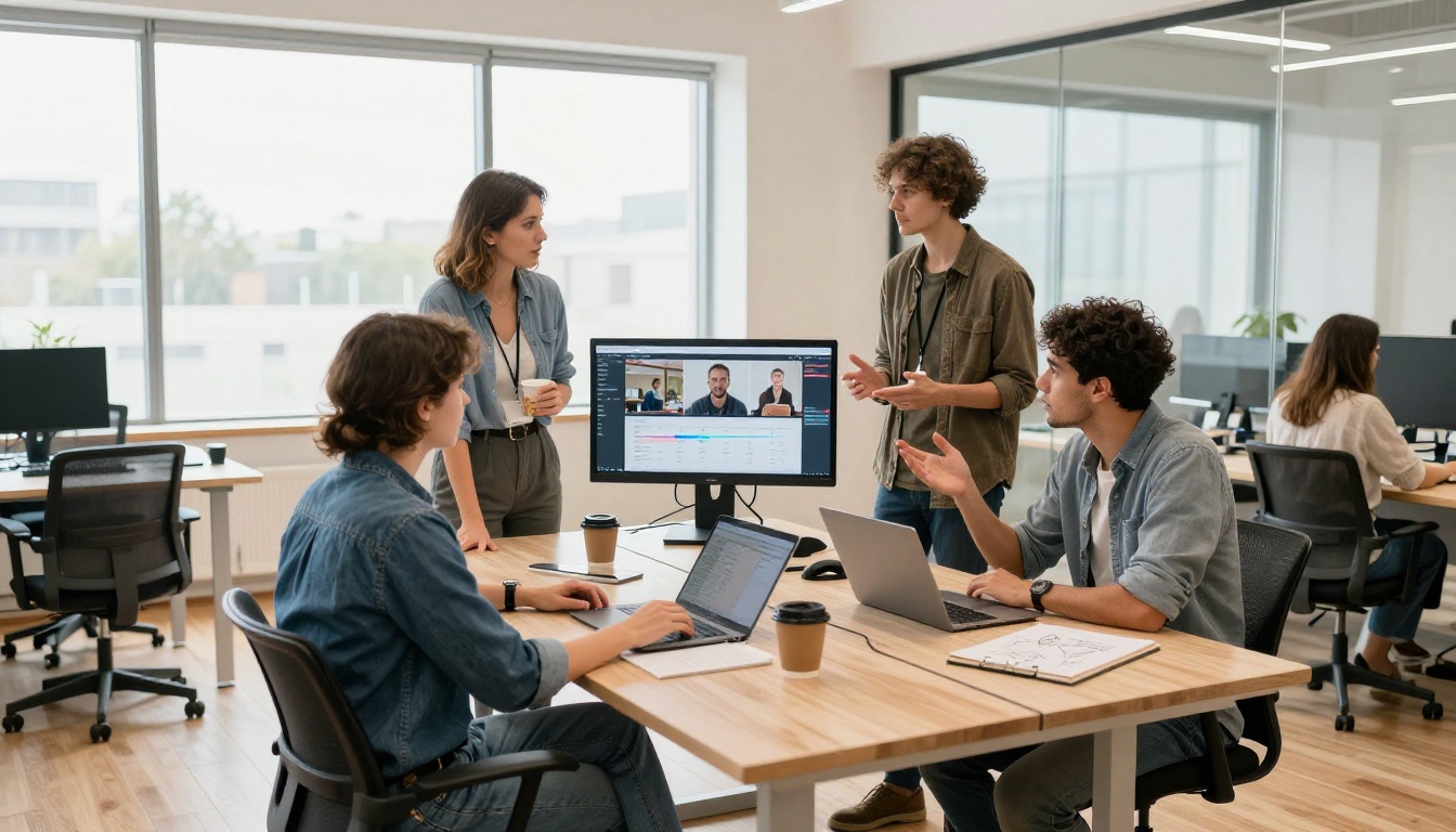 Diverse group of four professionals gathered around a standing desk, studying an AI video generation timeline on a central monitor