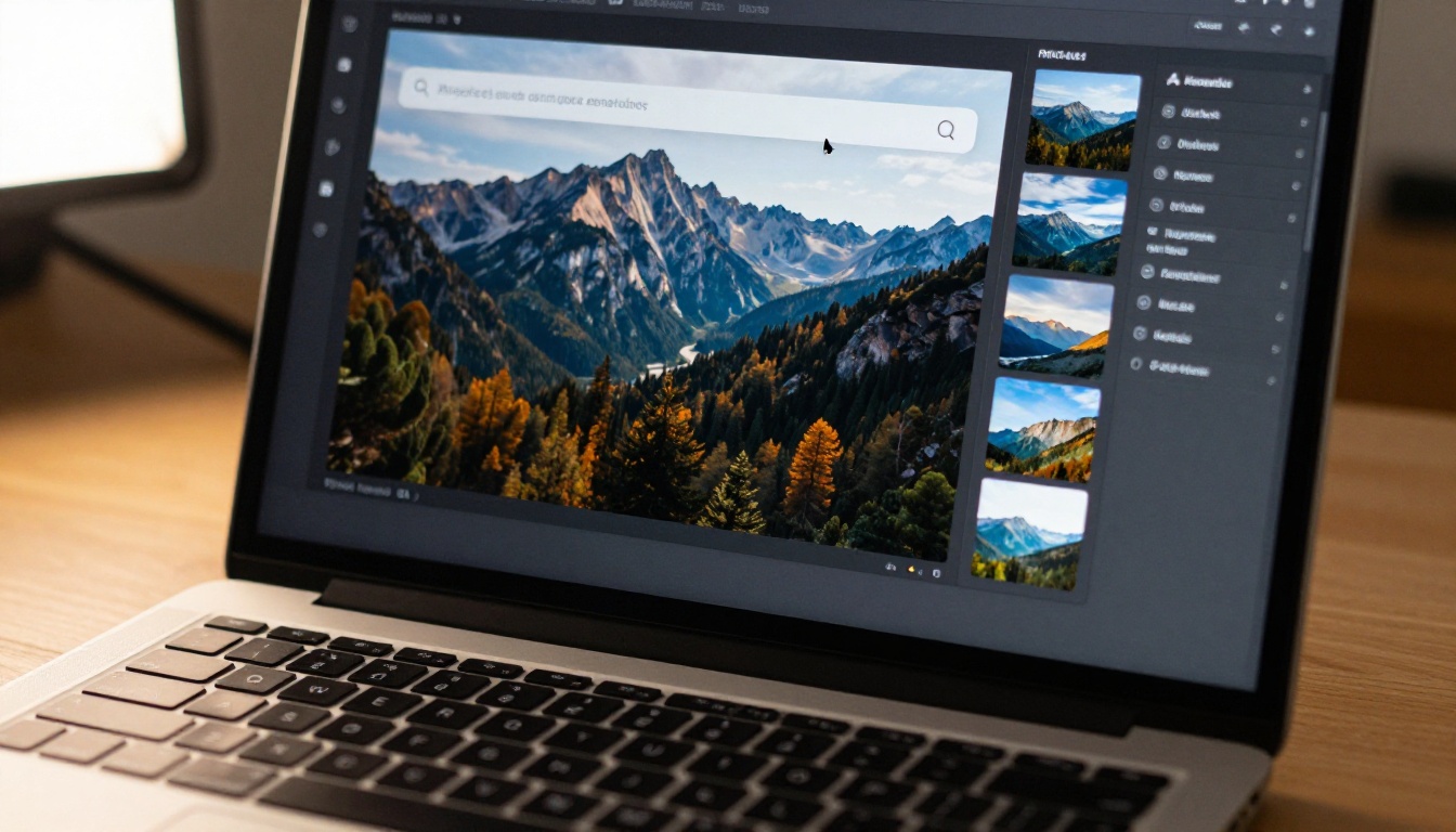 AI image generation interface showing prompts and thumbnail results on a modern laptop screen