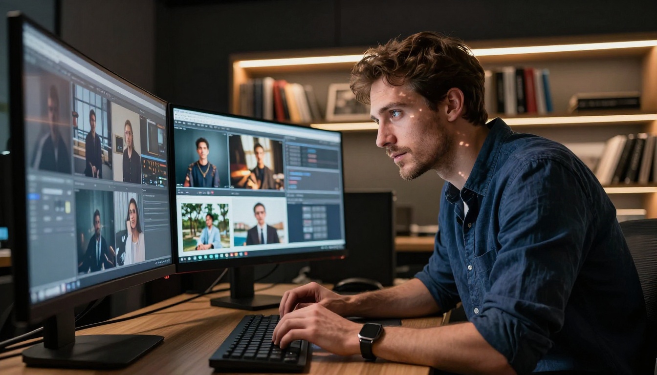 A male creative director leaning forward to examine AI-generated photographic outputs on a curved ultrawide monitor in a dark creative studio