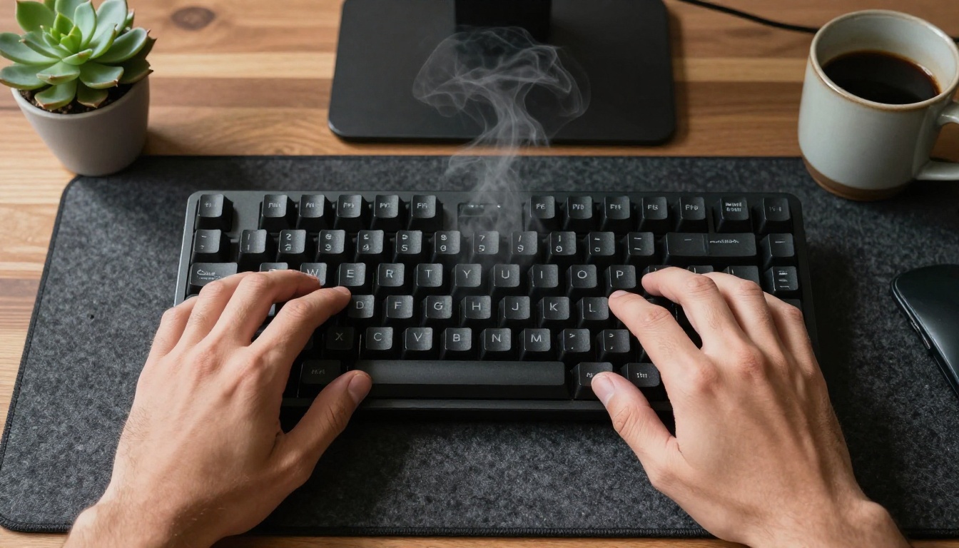 Aerial bird's eye view of two hands typing a creative AI image prompt on a mechanical keyboard with a coffee mug beside it