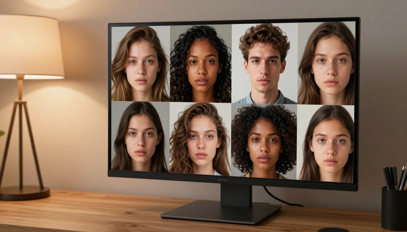 A large professional display monitor showing a grid of four detailed photorealistic AI-generated portrait photographs in a softly lit home office