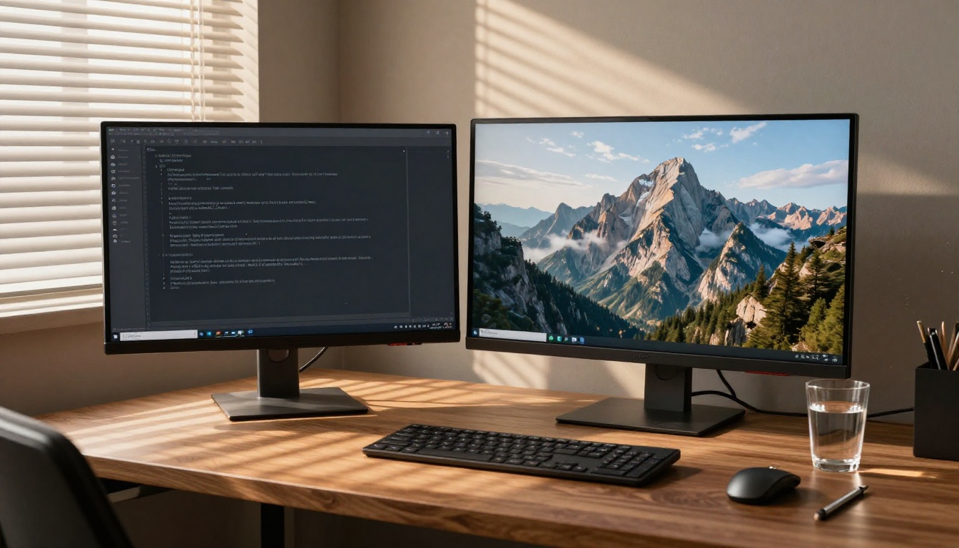 Two side-by-side monitors on a walnut desk showing a typed text prompt on the left and a stunning photorealistic AI-generated mountain landscape on the right
