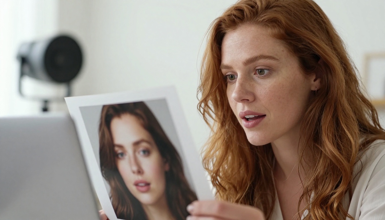 An artistic woman with auburn hair comparing a large printed AI-generated portrait held up next to her laptop screen with an amazed expression
