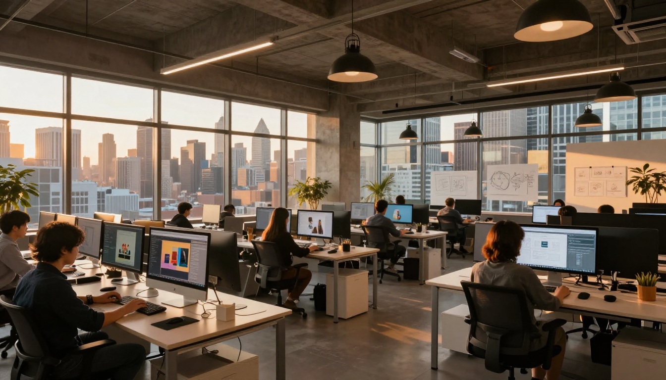 Wide-angle establishing shot of a large bright modern creative agency with rows of designers at Mac setups displaying AI-generated content, golden hour light flooding from the left