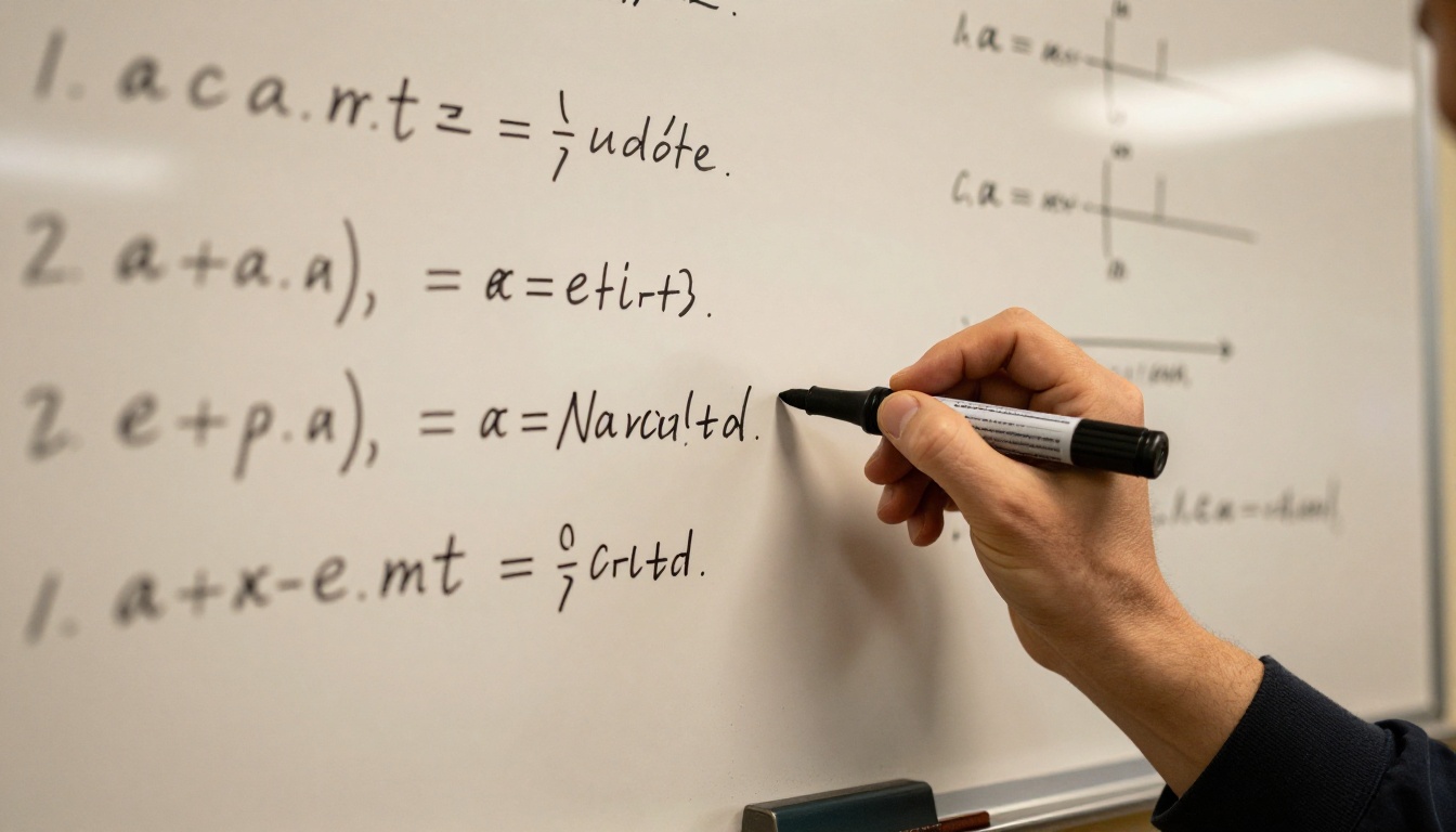 Math equations being written on a whiteboard in a university classroom, low camera angle, chalk dust on the tray