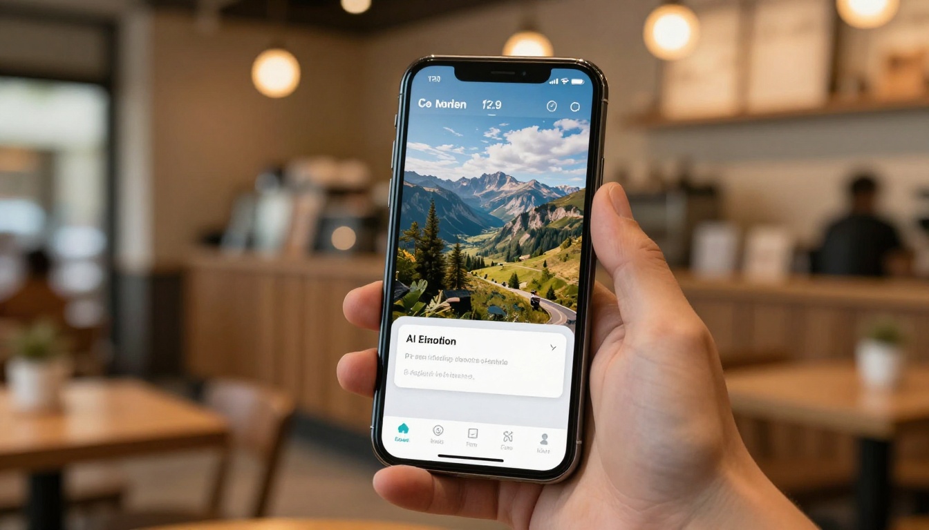 A smartphone held in a cafe showing a mobile AI image generation app with a photorealistic landscape on screen above a glowing prompt input field