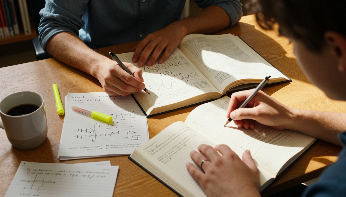 Physics student studying at a wooden library table with open textbooks, handwritten derivations, and warm afternoon light