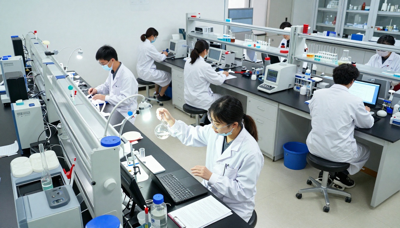 Aerial overhead shot of a modern university chemistry research laboratory with scientists in white lab coats working at stainless steel benches