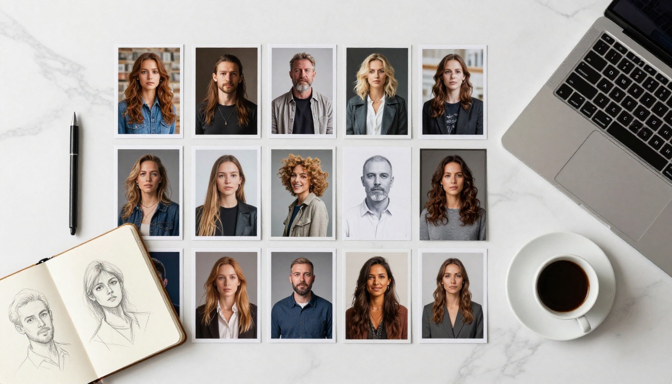 Overhead flat lay on white marble featuring printed AI-generated photographs, a sketchbook, a stylus, an espresso cup, and a laptop showing an image generation interface