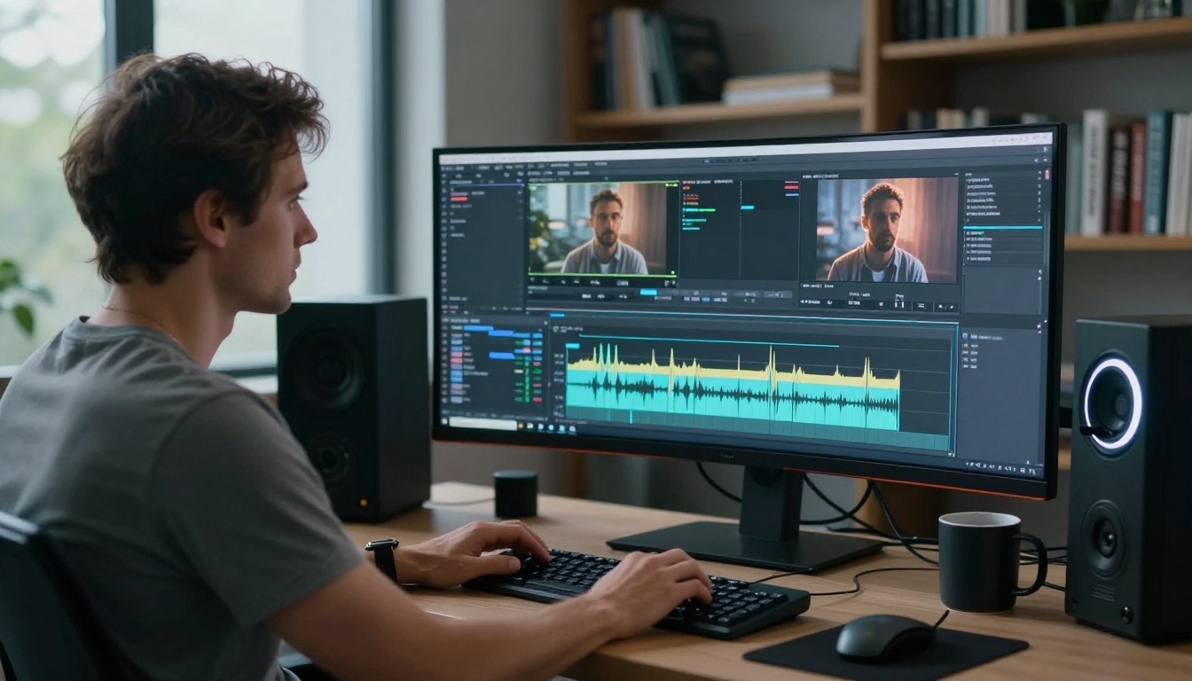 Professional video editor sits at ultra-wide curved monitors reviewing AI video editing timelines in a cool blue-lit studio