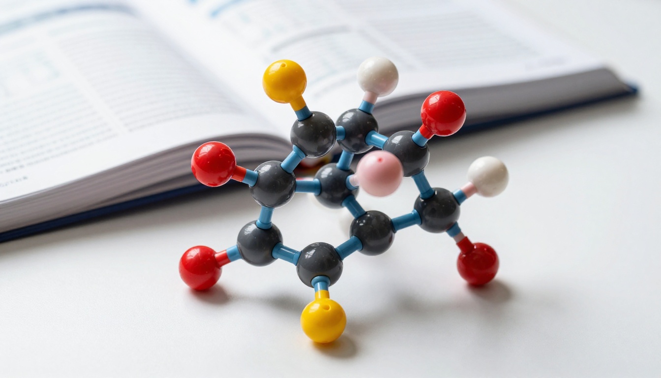 Close-up macro photography of a colorful physical molecular model kit with plastic spheres and rigid connecting sticks on a white lab bench