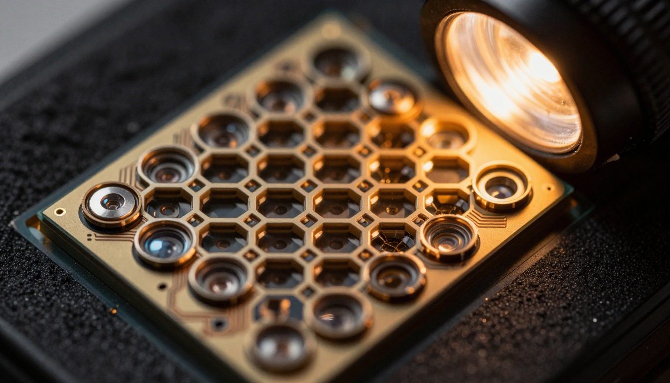 Extreme close-up of a digital camera image sensor showing honeycomb micro-lenses catching warm amber studio light Extreme close-up of a digital camera image sensor showing honeycomb micro-lenses catching warm amber studio light