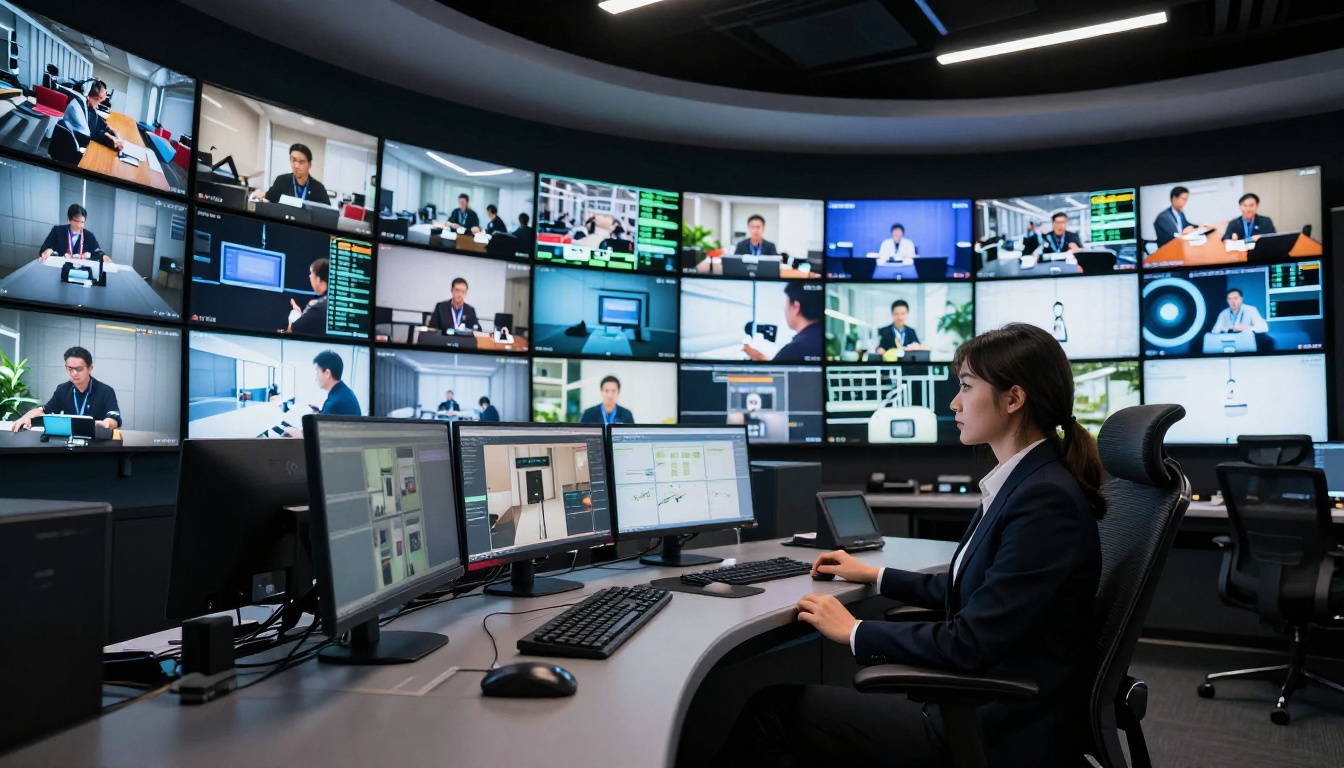 Female broadcast engineer reviews AI video footage across a curved wall of professional monitors in a dark control room
