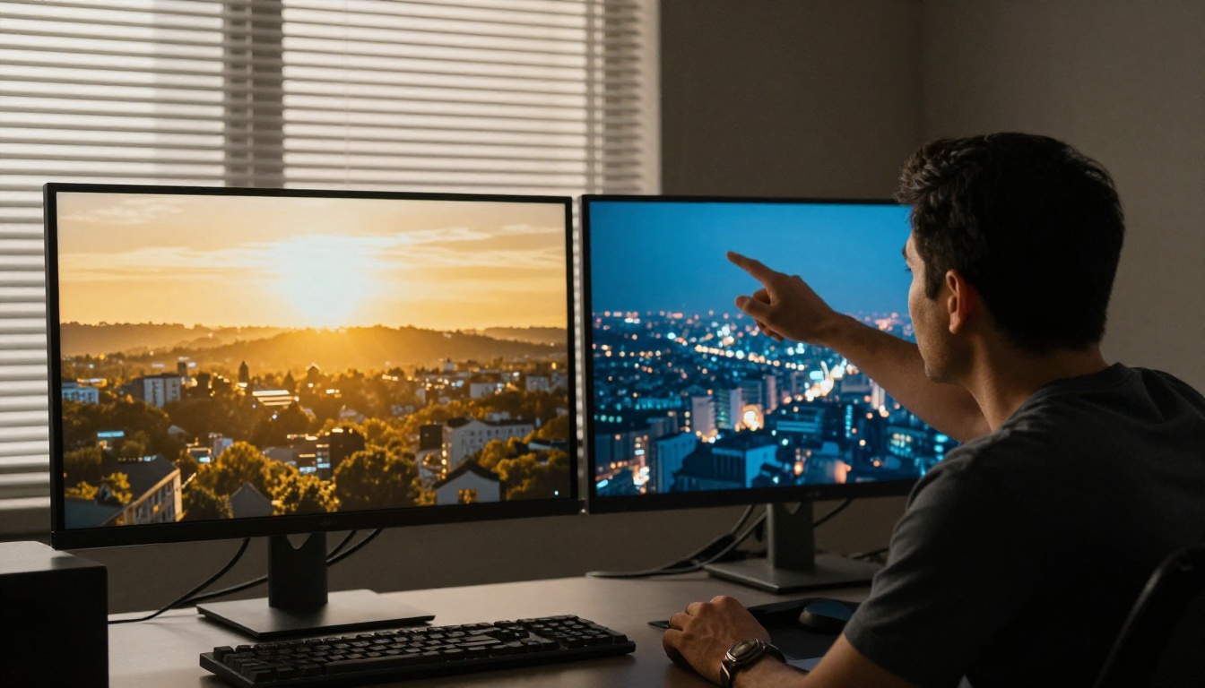 Male filmmaker mid-40s stands between two professional broadcast monitors comparing warm golden landscape on left and blue-toned cityscape on right