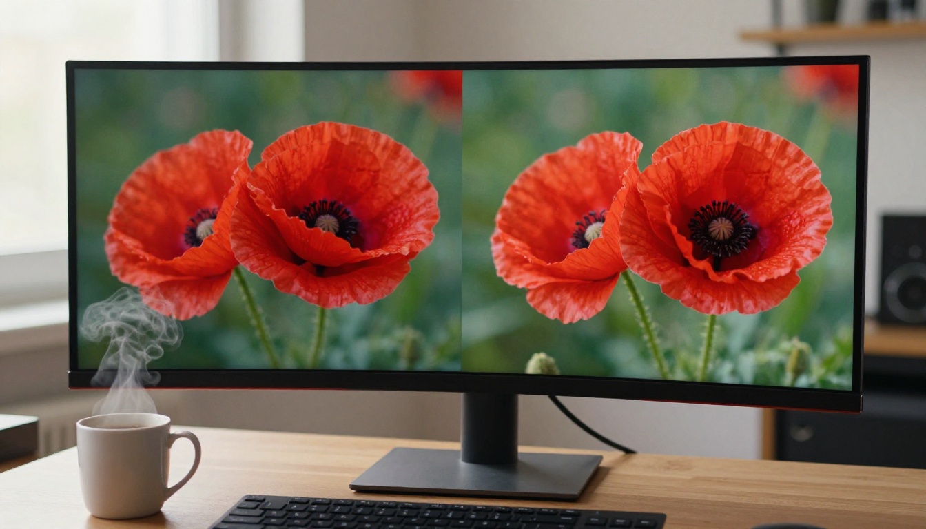 Large professional monitor on a studio desk showing side-by-side comparison of a poppy flower photograph before and after AI upscaling, coffee mug in foreground