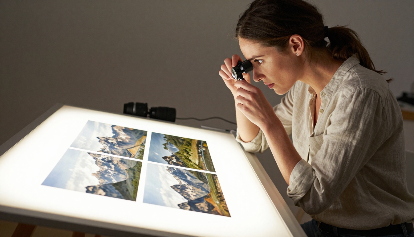 Female photographer standing at a backlit light table examining large format landscape print transparencies with a loupe Female photographer standing at a backlit light table examining large format landscape print transparencies with a loupe