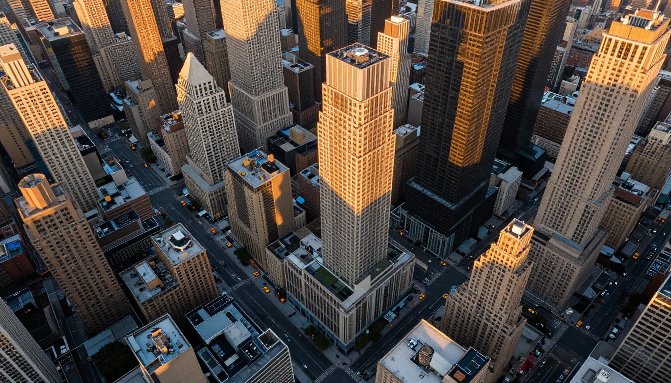 Breathtaking aerial photograph looking straight down on a dense modern city at golden hour with long skyscraper shadows across the grid of streets