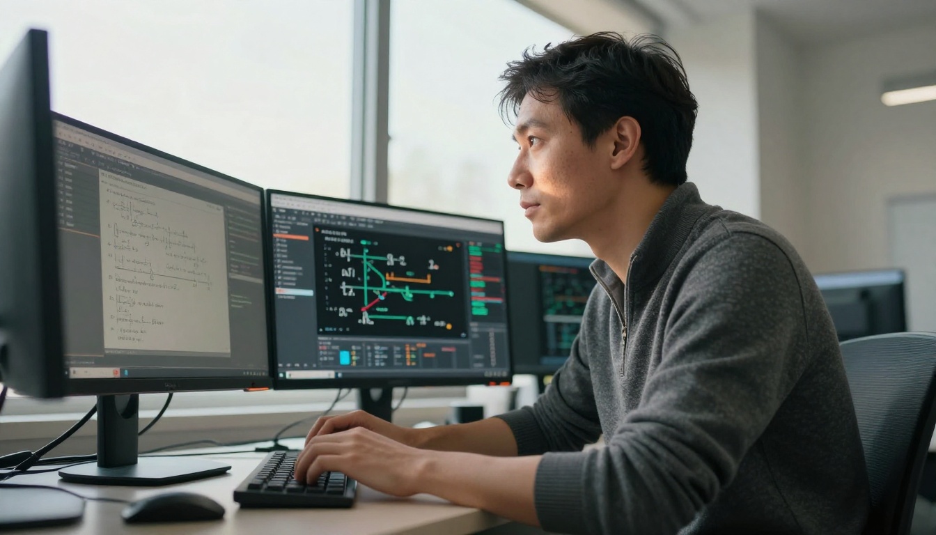 Researcher sitting at a standing desk with multiple monitors, low-angle shot emphasizing the scale of the workspace, cool morning daylight