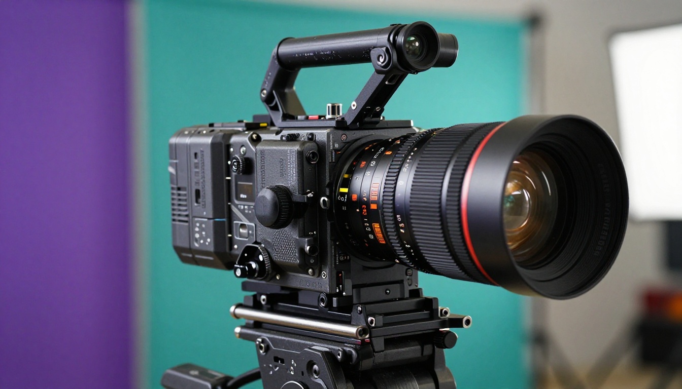 Extreme close-up of a RED Dragon cinema camera on a studio gimbal showing the complex optical system of a 50mm cinema prime lens in a production studio