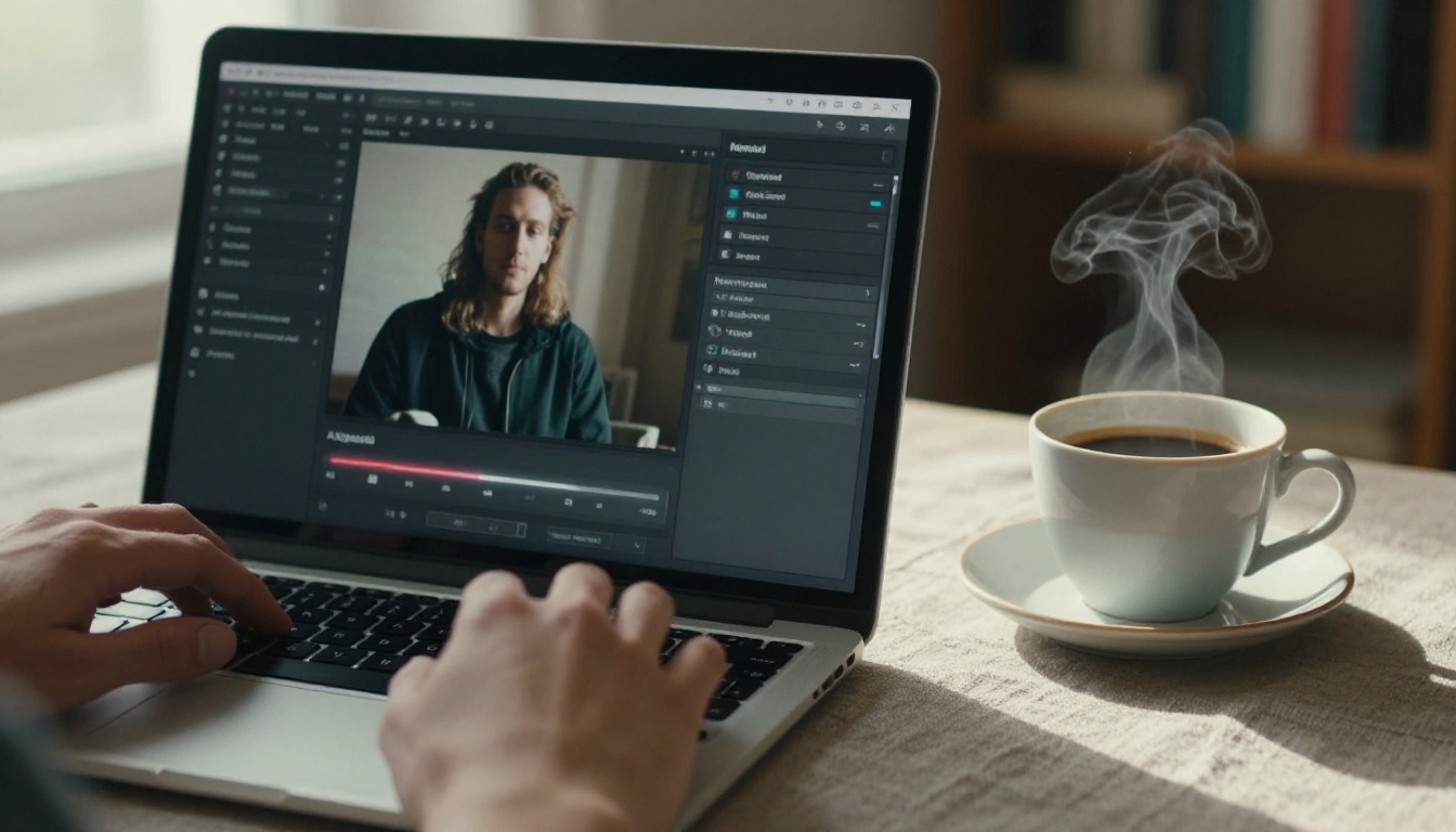 Man's hands typing on a slim laptop keyboard with an AI upscaling interface visible on screen, espresso cup on the right